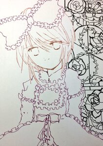 Rating: Safe Score: 0 Tags: 1girl flower frills hariruri image lineart long_sleeves looking_at_viewer monochrome rose short_hair solo souseiseki traditional_media upper_body User: admin