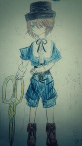 Rating: Safe Score: 0 Tags: boots capelet hat heterochromia image long_sleeves red_eyes short_hair shorts solo souseiseki traditional_media User: admin