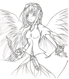 Rating: Safe Score: 0 Tags: 1girl angel_wings breasts cowboy_shot dress greyscale image long_hair long_sleeves looking_at_viewer monochrome puffy_sleeves simple_background solo suigintou white_background wings User: admin
