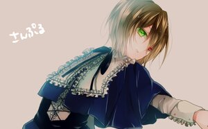 Rating: Safe Score: 0 Tags: 1girl auto_tagged brown_hair capelet dress green_eyes heterochromia image lace long_sleeves looking_at_viewer outstretched_arm short_hair simple_background solo souseiseki upper_body User: admin