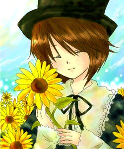 Rating: Safe Score: 0 Tags: 1girl brown_hair chen closed_eyes day dress field flower flower_field hat holding holding_flower image long_sleeves short_hair sky smile solo souseiseki sunflower yellow_flower User: admin