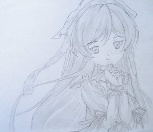 Rating: Safe Score: 0 Tags: 1girl bangs blue_theme dress frills hands_clasped image long_hair looking_at_viewer monochrome own_hands_together sketch smile solo sonoda_umi suiseiseki traditional_media User: admin