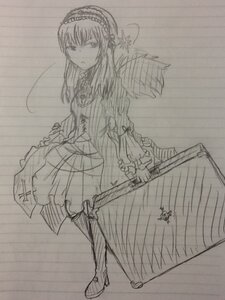 Rating: Safe Score: 0 Tags: 1girl boots dress frills full_body greyscale hairband image long_hair long_sleeves looking_at_viewer monochrome solo standing suigintou traditional_media User: admin