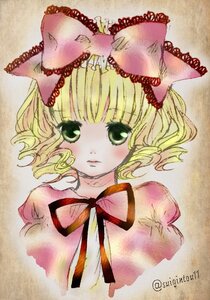 Rating: Safe Score: 0 Tags: 1girl blonde_hair bow dress green_eyes hair_bow hina_ichigo hinaichigo image looking_at_viewer pink_bow puffy_sleeves ribbon short_hair solo traditional_media twitter_username upper_body User: admin