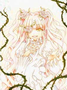 Rating: Safe Score: 0 Tags: 1girl dress eyepatch flower frills hair_flower hair_ornament image kirakishou leaf long_hair long_sleeves pink_hair plant rose smile solo thorns traditional_media two_side_up very_long_hair vines yellow_eyes User: admin