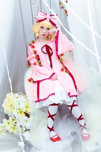 Rating: Safe Score: 0 Tags: 1girl blonde_hair bouquet cross-laced_footwear curly_hair curtains dress flower frills hina_ichigo hinaichigo leg_ribbon pink_dress ribbon shoes solo white_legwear User: admin