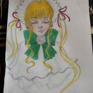 Rating: Safe Score: 0 Tags: 1990s_(style) 1girl blonde_hair bonnet closed_eyes dress earrings frills image jewelry long_hair long_sleeves marker_(medium) photo rose shikishi shinku solo traditional_media upper_body User: admin