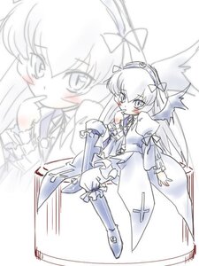 Rating: Safe Score: 0 Tags: 1girl blush bow dress finger_to_mouth frills full_body hairband image long_hair long_sleeves looking_at_viewer monochrome simple_background solo standing suigintou white_background wings User: admin