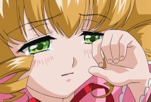Rating: Safe Score: 0 Tags: 1girl blonde_hair blush close-up drill_hair eyebrows_visible_through_hair face green_eyes hinaichigo image looking_at_viewer parody simple_background solo User: admin