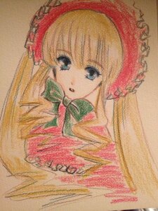 Rating: Safe Score: 0 Tags: 1girl blonde_hair blue_eyes bonnet bow bowtie dress flower frills hat image long_hair long_sleeves looking_at_viewer photo shinku simple_background solo traditional_media upper_body User: admin