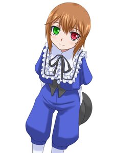 Rating: Safe Score: 0 Tags: 1girl arms_behind_back blush brown_hair frills green_eyes hat_removed headwear_removed heterochromia image long_sleeves looking_at_viewer pants red_eyes ribbon short_hair simple_background smile solo souseiseki striped white_background User: admin