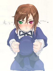 Rating: Safe Score: 0 Tags: 1boy black_ribbon blush brown_hair dress green_eyes hat hat_removed headwear_removed heterochromia image long_sleeves looking_at_viewer red_eyes ribbon solo souseiseki striped vertical_stripes User: admin