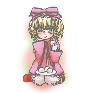 Rating: Safe Score: 0 Tags: 1girl blonde_hair bloomers blush bow dress food full_body green_eyes hina_ichigo hinaichigo image long_sleeves looking_at_viewer medicine_melancholy one_eye_closed pink_bow ribbon short_hair sitting slippers smile solo underwear User: admin
