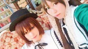 Rating: Safe Score: 0 Tags: 2girls brown_eyes brown_hair green_eyes hat heterochromia lips looking_at_viewer multiple_cosplay multiple_girls ribbon short_hair siblings sisters souseiseki suiseiseki tagme traditional_media User: admin