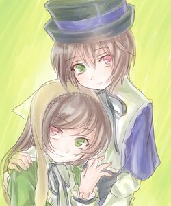 Rating: Safe Score: 0 Tags: 2girls black_ribbon blue_dress brown_hair dress green_background green_dress green_eyes hat head_scarf heterochromia image long_hair long_sleeves looking_at_viewer multiple_girls pair red_eyes ribbon short_hair siblings sisters smile souseiseki suiseiseki top_hat twins yellow_background User: admin