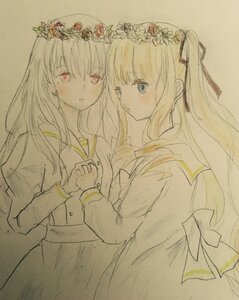 Rating: Safe Score: 0 Tags: 2girls bangs blue_eyes blush dress eyebrows_visible_through_hair flower hair_ribbon head_wreath holding_hands image interlocked_fingers long_hair long_sleeves multiple_girls pair parted_lips red_eyes ribbon sailor_collar school_uniform shinku simple_background suigintou traditional_media yuri User: admin