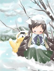 Rating: Safe Score: 0 Tags: 1girl blush brown_hair closed_eyes dress image long_hair long_sleeves outdoors sitting snow snowing solo suiseiseki tree winter User: admin