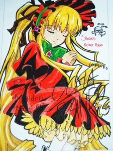 Rating: Safe Score: 0 Tags: 1girl blonde_hair blush closed_eyes dated dress frills hair_ribbon image long_hair long_sleeves marker_(medium) red_dress ribbon shikishi shinku solo traditional_media very_long_hair User: admin
