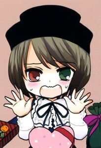 Rating: Safe Score: 0 Tags: 1boy 1girl blush food frills green_eyes hat heart image long_sleeves looking_at_viewer open_mouth ribbon simple_background solo souseiseki sweatdrop User: admin