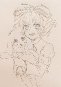 Rating: Safe Score: 0 Tags: 1girl blush bow hair_bow hinaichigo image juliet_sleeves kagiyama_hina long_sleeves looking_at_viewer monochrome open_mouth photo smile solo stuffed_animal traditional_media User: admin
