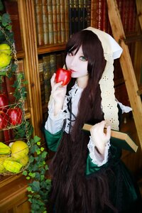 Rating: Safe Score: 0 Tags: 1girl apple book bookshelf brown_hair dress food fruit grapes green_eyes head_scarf heterochromia holding holding_food holding_fruit long_hair nun red_eyes solo suiseiseki tomato User: admin