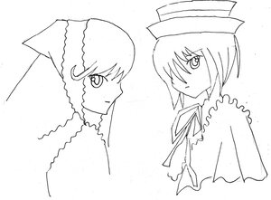 Rating: Safe Score: 0 Tags: 2girls frills greyscale hair_over_one_eye hat image looking_at_viewer monochrome neck_ribbon pair ribbon short_hair simple_background sisters souseiseki suiseiseki User: admin
