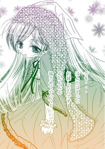 Rating: Safe Score: 0 Tags: 1girl bangs dress eyebrows_visible_through_hair flower frills green_theme image long_hair long_sleeves looking_at_viewer monochrome ribbon solo suiseiseki very_long_hair User: admin