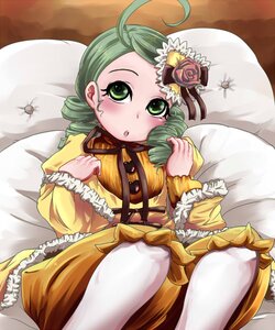 Rating: Safe Score: 0 Tags: 1girl ahoge bed bloomers blush dress drill_hair flower frills green_eyes green_hair image kanaria pantyhose pillow rose solo twin_drills white_legwear User: admin