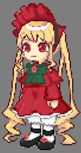 Rating: Safe Score: 0 Tags: 1girl auto_tagged blonde_hair dress full_body hair_ribbon hat image long_hair long_sleeves pixel_art red_eyes ribbon shinku sitting sleeves_past_wrists solo very_long_hair User: admin