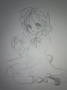 Rating: Safe Score: 0 Tags: 1girl bow dress hair_bow hinaichigo image long_sleeves looking_at_viewer monochrome open_mouth sketch smile solo traditional_media User: admin