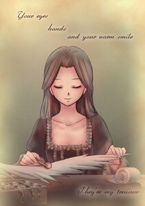 Rating: Safe Score: 0 Tags: 1girl brown_hair closed_eyes closed_mouth collarbone dated dress human image kakizaki_megu long_hair long_sleeves parted_bangs quill solo User: admin