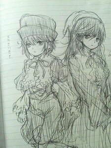 Rating: Safe Score: 0 Tags: 2girls blush capelet dress eyebrows_visible_through_hair frown hat image long_hair long_sleeves looking_at_viewer monochrome multiple_girls pair short_hair sketch souseiseki suiseiseki traditional_media User: admin