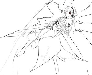 Rating: Safe Score: 0 Tags: 1girl dress eyebrows_visible_through_hair flower frills full_body hairband image juliet_sleeves lolita_hairband long_hair long_sleeves looking_at_viewer monochrome puffy_sleeves red_eyes ribbon solo spot_color suigintou very_long_hair wings User: admin