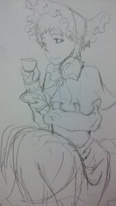 Rating: Safe Score: 0 Tags: 1girl 86800 capelet cup dress frills hat image long_sleeves monochrome shinku short_hair sketch smile solo teacup traditional_media User: admin