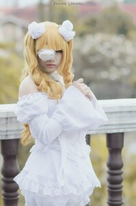 Rating: Safe Score: 0 Tags: 1girl animal_ears artist_name bare_shoulders blindfold blonde_hair blurry blurry_background depth_of_field dress flower hair_flower hair_ornament kirakishou lips long_hair photo realistic solo white_dress User: admin