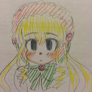 Rating: Safe Score: 0 Tags: 1girl bangs blonde_hair blush blush_stickers dress eyebrows_visible_through_hair flower hairband image long_hair long_sleeves marker_(medium) photo rose shinku simple_background solo traditional_media upper_body User: admin