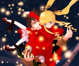 Rating: Safe Score: 0 Tags: 1boy 1girl blonde_hair blue_eyes blush carrying dress drill_hair hair_ribbon image long_hair long_sleeves red_dress ribbon shinku shoes solo twintails User: admin