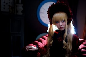 Rating: Safe Score: 0 Tags: 1girl bangs blonde_hair blue_eyes bonnet dress drill_hair flower lips long_hair long_sleeves looking_at_viewer realistic red_dress rose shinku solo twintails upper_body User: admin