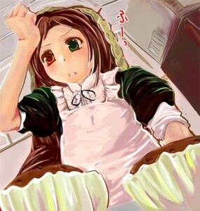 Rating: Safe Score: 0 Tags: 1girl :o apron blush brown_hair dress green_eyes head_scarf heterochromia image red_eyes solo suiseiseki User: admin