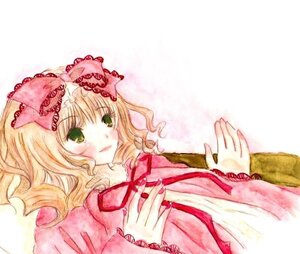 Rating: Safe Score: 0 Tags: 1girl blonde_hair blush bow dress frills green_eyes hair_bow hina_ichigo hinaichigo image long_sleeves looking_at_viewer pink_bow red_ribbon ribbon short_hair smile solo traditional_media upper_body wavy_hair User: admin