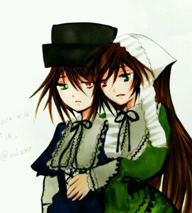 Rating: Safe Score: 0 Tags: 2girls blue_dress brown_hair dress frills green_dress green_eyes hat head_scarf heterochromia image long_hair long_sleeves looking_at_viewer multiple_girls pair red_eyes short_hair siblings sisters souseiseki suiseiseki twins very_long_hair User: admin