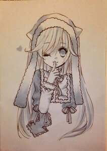 Rating: Safe Score: 0 Tags: 1girl bangs capelet closed_mouth dress eyebrows_visible_through_hair finger_to_mouth fur_trim hand_up image index_finger_raised long_hair long_sleeves looking_at_viewer one_eye_closed photo ribbon shushing simple_background smile solo suiseiseki traditional_media very_long_hair User: admin