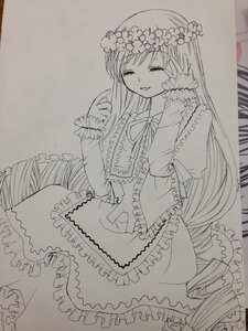 Rating: Safe Score: 0 Tags: 1girl blush closed_eyes dress frills greyscale head_wreath image long_hair long_sleeves monochrome smile solo suiseiseki traditional_media very_long_hair User: admin