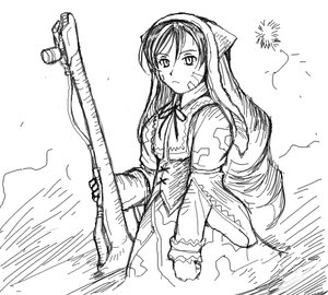 Rating: Safe Score: 0 Tags: 1girl chain dress greyscale holding image instrument long_hair long_sleeves monochrome ribbon solo suiseiseki white_background User: admin