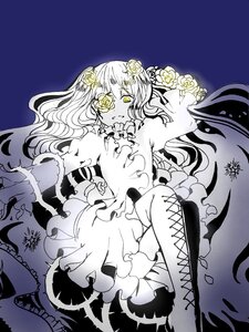 Rating: Safe Score: 0 Tags: 1girl boots dress eyepatch flower frills hair_flower image kirakishou limited_palette long_hair long_sleeves monochrome rose solo spot_color thighhighs thorns yellow_eyes User: admin
