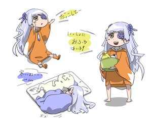 Rating: Safe Score: 0 Tags: 1girl 2girls barasuishou barefoot eyepatch flower food green_eyes hair_flower hair_ornament image long_hair multiple_views one_eye_covered open_mouth pillow silver_hair solo User: admin