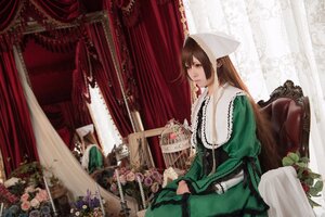 Rating: Safe Score: 0 Tags: 1girl brown_hair curtains dress flower green_dress green_eyes indoors long_hair long_sleeves rose sitting solo suiseiseki vase window User: admin