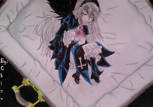 Rating: Safe Score: 0 Tags: 1girl black_wings closed_eyes dress flower frills hairband image long_hair long_sleeves rose silver_hair solo suigintou weapon wings User: admin
