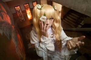 Rating: Safe Score: 0 Tags: 1girl blonde_hair dress flower frills green_eyes hair_flower hair_ornament kirakishou long_hair rose solo twintails white_flower white_rose User: admin