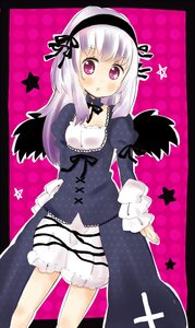 Rating: Safe Score: 0 Tags: 1girl :o black_ribbon bloomers blush dress frills hairband halftone halftone_background image long_hair long_sleeves looking_at_viewer pink_eyes polka_dot polka_dot_background puffy_sleeves ribbon silver_hair solo standing star_(symbol) suigintou wings User: admin